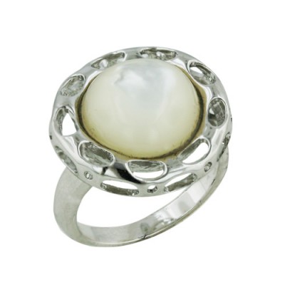 Brass Ring 13.5mm Mother of Pearl on Bezel with Open Ovals - 8