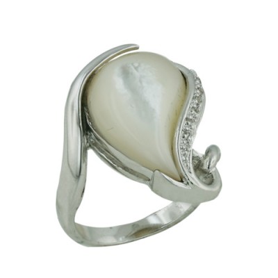 Brass Ring Bent Mother of Pearl Teardrop with Clear Cubic Zirconia - 8