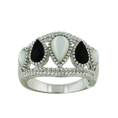 Brass Ring Band 5 Tear Drop Onyx+Mother of Pearl - 8
