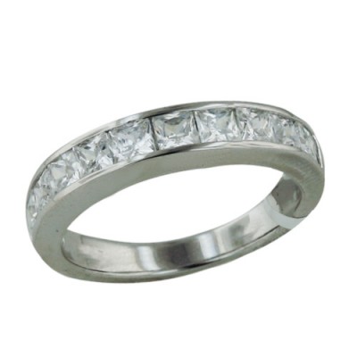 Brass Ring Band Half Covered in Square Clear Cubic Zirconia - 8