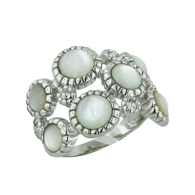 Brass Ring Mother of Pearl+Clear Cubic Zirconia Bubbles on Rope Design - 8