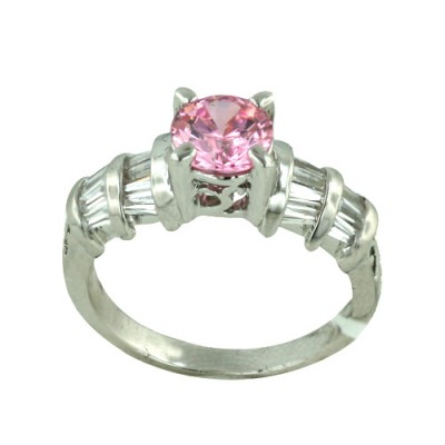 Brass Ring 7mm Pink Cubic Zirconia with Clear Baguette - 8