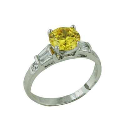 Brass Ring 8mm Yellow Cubic Zirconia with Clear Baguette Cubic Zirconia - 8