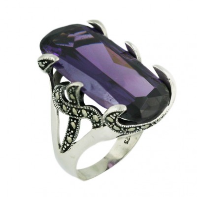 Marcasite Ring 30X14mm Amethyst Cubic Zirconia with Wavy Sided - 9
