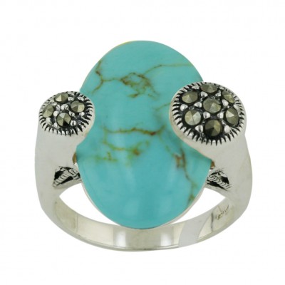 Marcasite Ring 21X13mm Faux Turquoise Oval Cabochon with 2 Oval Marcasite