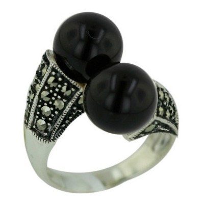 Marcasite Ring Oppositive 10mm Onyx Ball with 2 Dimension Marcasite