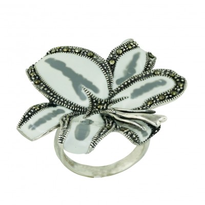 Marcasite Ring White+Faded Gray Enamel Flower - 6
