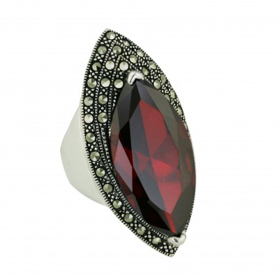 Marcasite Ring 30X15mm Garnet Cubic Zirconia Marquis with 3 Layer Pave Marcasite Li - 8