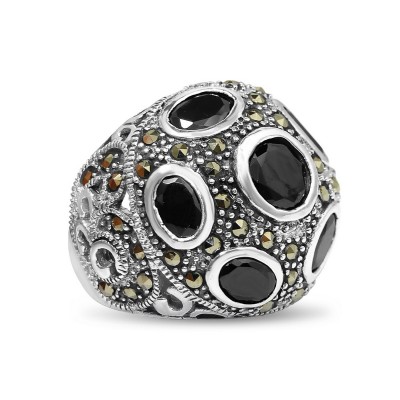 Marcasite Ring 3 Pcs Oval+Round Black Cubic Zirconia with Pave Marcasite Swirl Sid