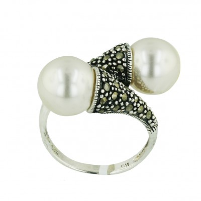 Marcasite Ring Oppositive 10mm White Faux Pearl