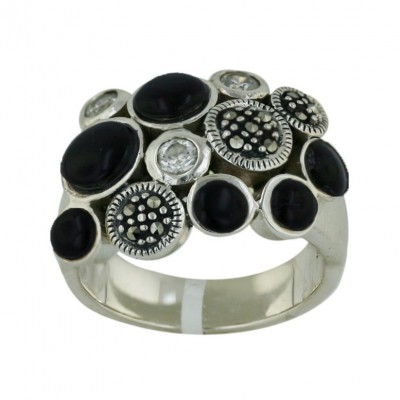 Marcasite Ring Onyx Clear Cubic Zirconia+Marcasite Bubble