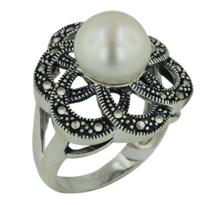 Marcasite Ring 10mm White Fresh Water Pearl with Open Pave Marcasite Flower