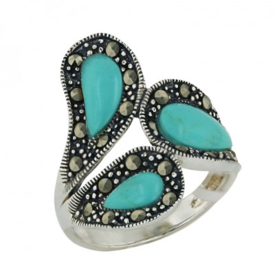 Marcasite Ring 3 Faux Turquoise+Marcasite Teardrop