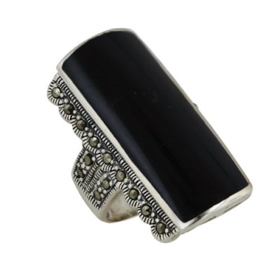 Marcasite Ring Onyx Rectangular With Marcasite both Side - 8