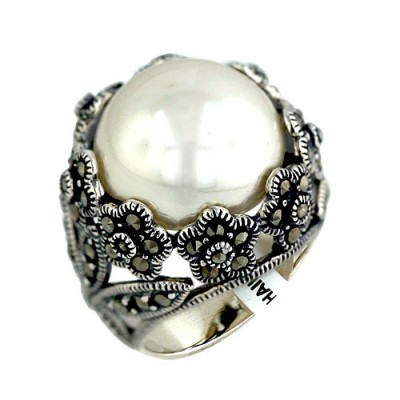 Marcasite Ring 16mm Faux Pearl with Marcasite Flowers Around