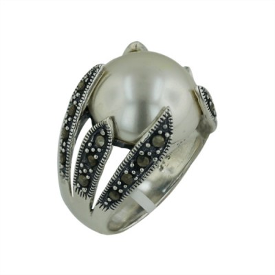 Marcasite Ring 16mm Half Faux Pearl with Marcasite Leaves on both S