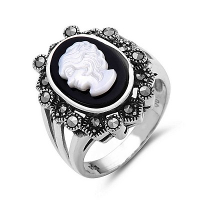 Marcasite Ring 10X14mm Black/White Cameo with Marcasite Sur