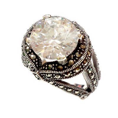 Marcasite Ring Clear Cubic Zirconia Marcasite Side Lines Criss
