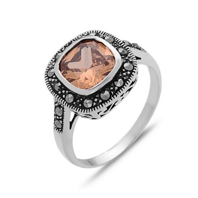 MARCASITE RING BEZEL SQUARE CHAMPAGNE CUBIC ZIRCONIA WITH MARCASITE AROUND