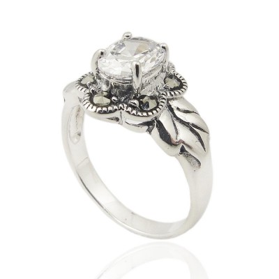 MS Ring Clear Cz On Marcasite Flower With Leaf Sid