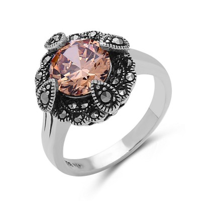 MARCASITE RING 8MM CHAMPAGNE CUBIC ZIRCONIA ON MARCASITE PAVE FLOWER