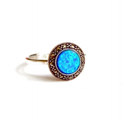 Marcasite Sterling Silver Ring 8Mm Round Blue Opal