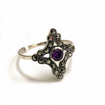 Marcasite Ring Cross Shape Round Amethyst Cubic Zirconia Center