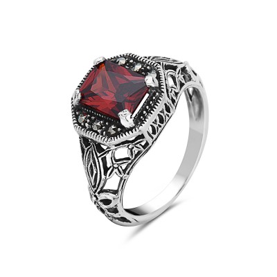 Marcasite Ring Octogan Garnet Red Cubic Zirconia Rectangular Filigree 