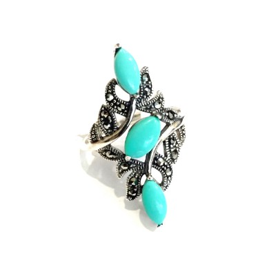 Marcasite RING MULTI-LEAF SHAPES 3 MARQUIS RECON TURQUOIS