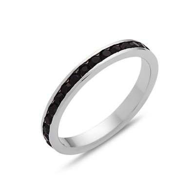 Sterling Silver Ring Eternity Round Cut Black Crystal