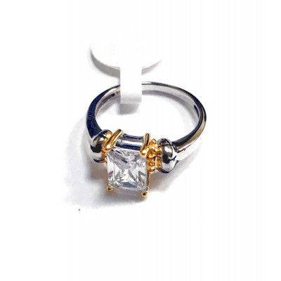 Sterling Silver Ring Two Tone Rectangular Clear CZ