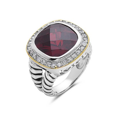 Sterling Silver Ring 13X13mm Chess Cut Garnet Cubic Zirconia Outer Gold Tone+ I