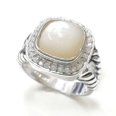 Sterling Silver Ring 16X16mm White Mother of Pearl Cushion with Cubic Zirconia Around