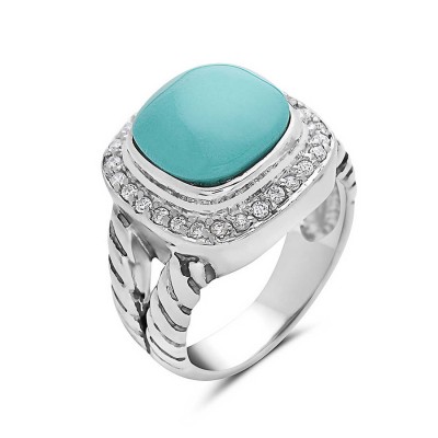Sterling Silver Ring 16X16mm Reconstituent Turquoise Cushion with Cubic Zirconia Around