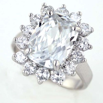 Sterling Silver Ring 14X10mm Chess Cut Clear Cubic Zirconia with Clear Cubic Zirconia Sided - 9