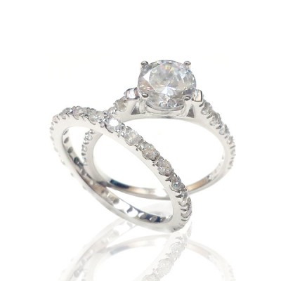 Sterling Silver Ring Engagement 7mm Round Clear Cubic Zirconia Solitaire (2Pcs Pc