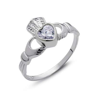 Sterling Silver Ring (W=6mm) Clear Cubic Zirconia Heart Claddagh