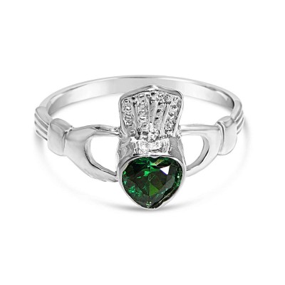 Sterling Silver Ring (W=6mm) Emerald Cubic Zirconia (#38) Heart Claddagh