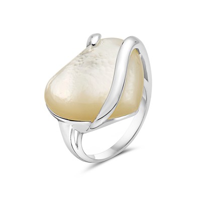 Sterling Silver Ring (W=20mm) White Mother of Pearl Heart with Plain Lines by