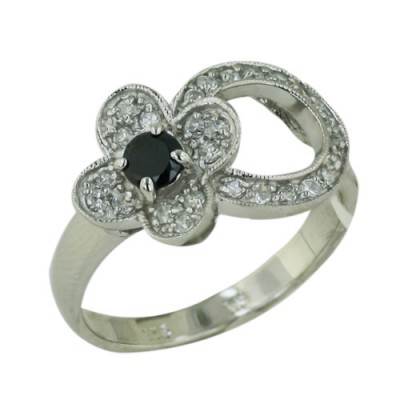 Sterling Silver Ring Cubic Zirconia Oval with Black+Clear Cubic Zirconia Small Flower