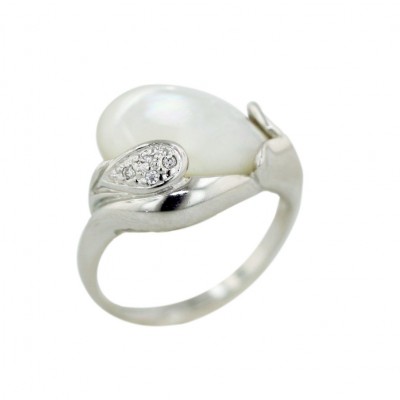 Sterling Silver Ring Cabochon White Mother of Pearl with Cubic Zirconia Leaf on Top - 9