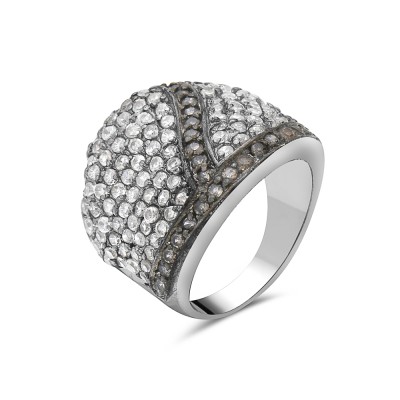 Sterling Silver Ring Co Cubic Zirconia Bypass T Line W/Concave Pave Clear Cubic Zirconia 
