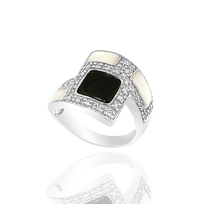 Sterling Silver Ring Square Mother of Pearl and Onyx with Clear Cubic Zirconia