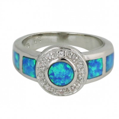 Sterling Silver Ring Blue Opal Round with Clear Cubic Zirconia+2 Square both Side
