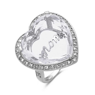 Sterling Silver Ring Clear Cubic Zirconia Heart Facetted Cut with Word "Mom"