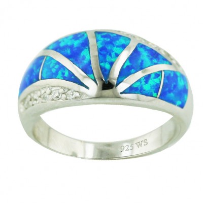 Sterling Silver Ring Lines Burst Out Blue Opal (K-5) with Clear Cubic Zirconia - 6