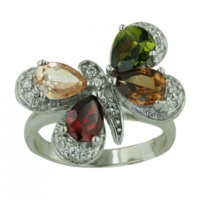 Sterling Silver Ring Garnet +Olivine+Champagne+Sm Cubic Zirconia Butterfly with Pave Cubic Zirconia Around-