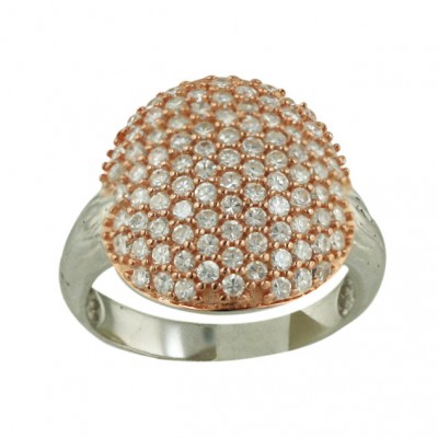 Sterling Silver Ring 20mm Rosegold Tone with Clear Cubic Zirconia Round with Plain L