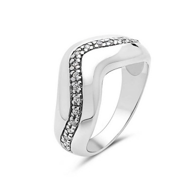 Sterling Silver Ring Clear Cubic Zirconia+Plain Wavy Line--Rhodium Plating/Nickle Free--