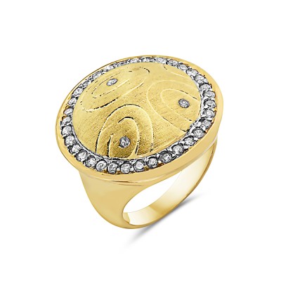 Sterling Silver Ring 24mm 2 Tone Gold Round with 3 Clear Cubic Zirconia Dots+ Aro